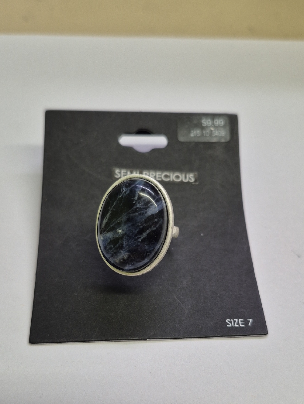 Semi Precious Oval Stone Ring in Dark Blue / Black Marbled Size 7